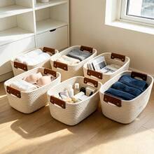 6-Pack Cotton Rope Storage Baskets With Leather Handles - Assorted Sizes Rectangular Collapsible Organiser Bins, Retro Look Multiple Bins For Shelves, Bathroom Home Organization - View 3