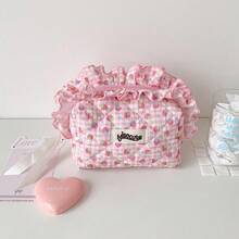 1pc Sweet Floral Quilted Ruffle Trim Kids Toiletry Makeup Bag, Girl Fabric Quilted Storage Bag, Portable Toiletry Bag, Travel Cosmetic Organizer - Multicolor - View 13
