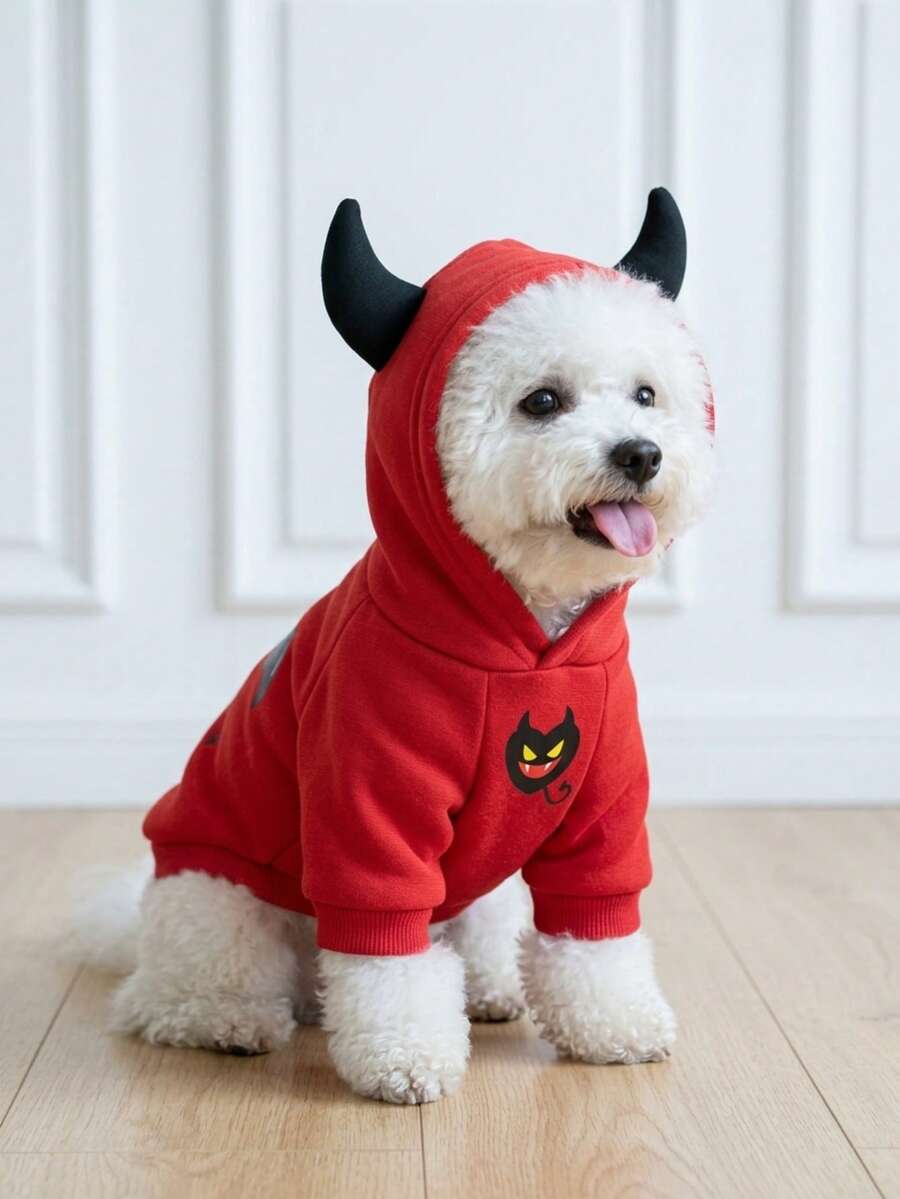 LUCKIE LABO 1 buah Baju Sweatshirt Hewan Peliharaan Motif Tanduk Setan & Ekor Kelelawar Halloween yang Lucu, Anti Kutu, Mengurangi Kerontokan Bulu, Terisolasi & Bernapas, Cocok untuk Anjing dan Kucing Kecil & Besar, Dalam & Luar Ruangan - Merah - View 1