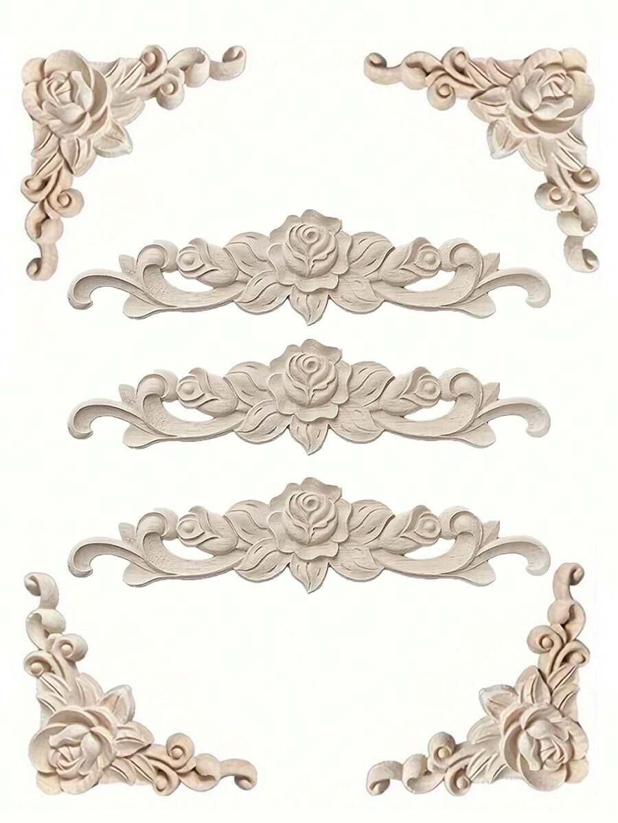 6pcs/Set Rose Flower Solid Wood Carved Wooden Decor, European Style Solid Wood Carved Wooden Decor, Unpainted Vintage Corner Flower Rose Flower Solid Wood Applique, Can Be DIY Painted For Decoration, Small Wooden Carved Applique, Triangular Wooden Corner Decor For Drawer, 3D Carved Exquisite Rose Flower Decorative Corner, Suitable For Furniture Cabinet Decoration, Decorating Drawer-Cabinet Door-Cornice-Cabinet-Photo Frame-Door Window-Furniture-Background Wall-Christmas-Halloween-Thanksgiving-Valentine's Day And Other Applique Decoration
