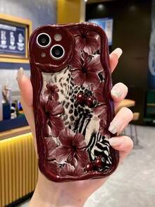 Floral Painted Cream Wavy Edge Burgundy Flat Print Anti-Drop Fashion Cute Phone Case, Compatible With IPhone 17/17 Pro/17 Pro Max/16/16 Pro/16 Pro Max/16 Plus/10/14/15, P14 Thickened P13 Soft Shell P12 Full Coverage P11 Anti-Drop Creative Phone Case - Multicolor - View 3