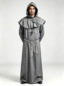 1 Set Men's Halloween Cosplay Medieval Cloak Monk Robe Wizard Priest Gown With Hood, Waist Rope & Necklace - Grey - View 2