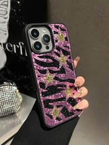 1pc Pink Zebra Stripe Rhinestone Star Color Block Leather Inlaid Crystal Anti-Drop Spray Painted Phone Case For 18promax/17pro - Pink - View 3