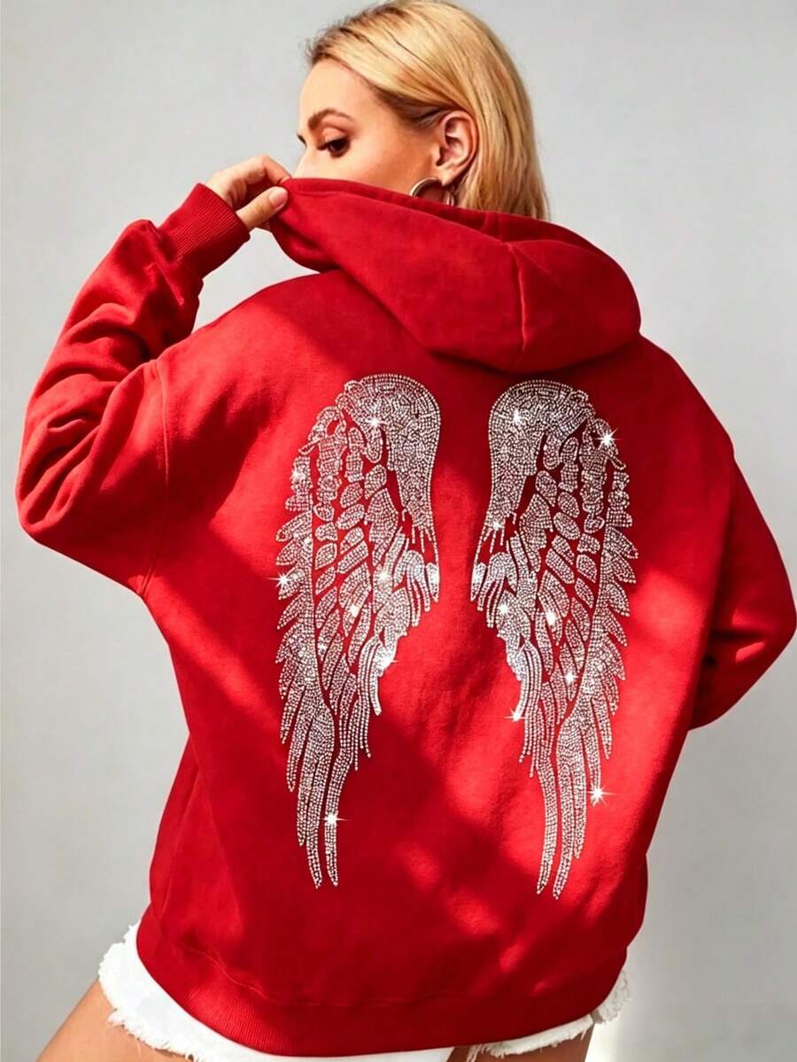 Women's Oversized Angel Wings Print Hoodie - Black Y2K Back Graphic Pullover, Fall Winter Streetwear , Comfy Oversized Silhouette2026 - 紅色 - 查看 1