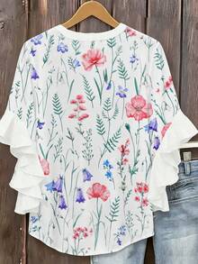 Women's Plus Size Floral Print Top, Ruffle Layered Short Sleeve, Round Neck Blouse, Bohemian Style Vacation Summer - Baby Pink - View 3