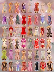 Plus Size Sexy 48 Random 10-Piece Combo Sets, Colors Random, Women's Sexy Multi-Style Sexy Mesh Dresses, Hollow-Out Designs, Open-Crotch Close-Fitting - Multicolor - View 2