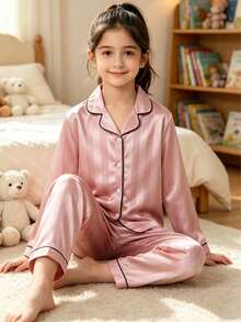 Big Girls Pink Vertical Striped Satin Front Button Long Sleeve Pajama Set, 2-Piece Lapel Top And Pants, Soft Autumn/Winter Loungewear - Pink - View 1