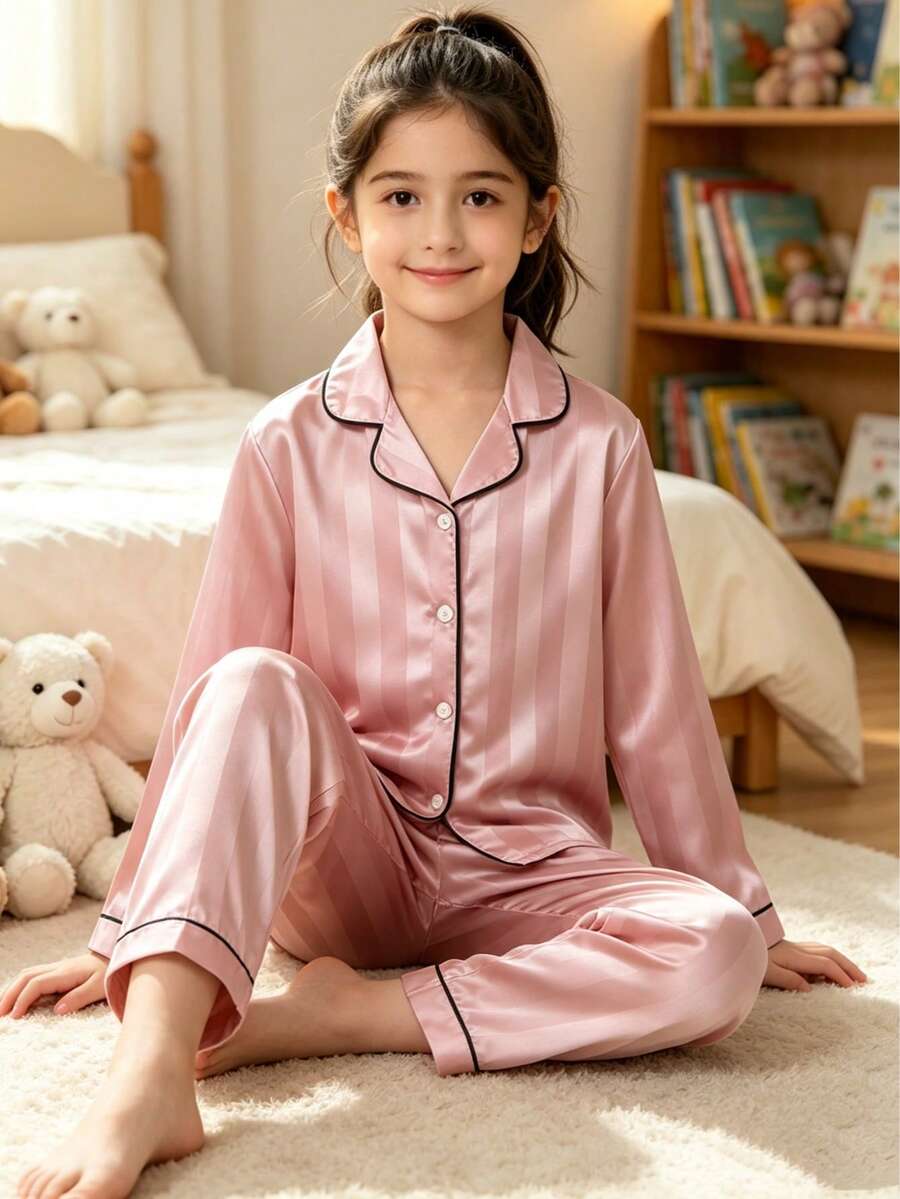 Big Girls Pink Vertical Striped Satin Front Button Long Sleeve Pajama Set, 2-Piece Lapel Top And Pants, Soft Autumn/Winter Loungewear - Pink - View 1