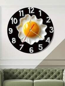 1pc 10"/12" 2D Flat Design Wooden Wall Clock, Breakfast Theme, Black Background, White Numbers & Fried Egg Illustration, Classic Kitchen Or Restaurant Decor, Multi-Functional Practical Clock - Multi-color 3 - View 3