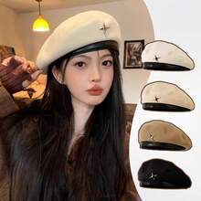 Sweet Metal Four-Pointed Star Beret Hat For Women, Autumn/Winter Face-Slimming Vintage Painter Hat, Wool Felt With Leather Brim, Korean Style Newsboy Cap, Daily Versatile Fashion Octagonal Hat - Butterfly - View 4