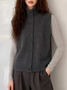 Women's Autumn/Winter Casual Minimalist Retro Double-Sided Double-Knit Sweater Vest Top Fall - Grey - View 4