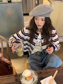 Vintage Colorblock Striped Loose Short Slimming Long Sleeve Knit Cardigan For Women - White - View 8