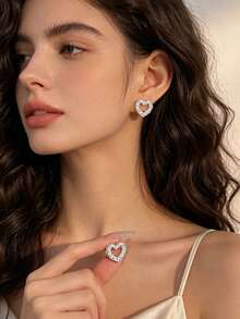 1 Pair Geometric Hollow Heart Stud Earrings - Silver Matte Heart Stud Earrings - View 3