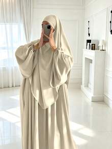 2pcs/Set Khimar+Abaya) Soft Muslim Prayer Outfit, Long Abaya With Matching Hijab, Casual Outing Essential Fashion Item (Hijab+Dress) - Multicolor - View 1