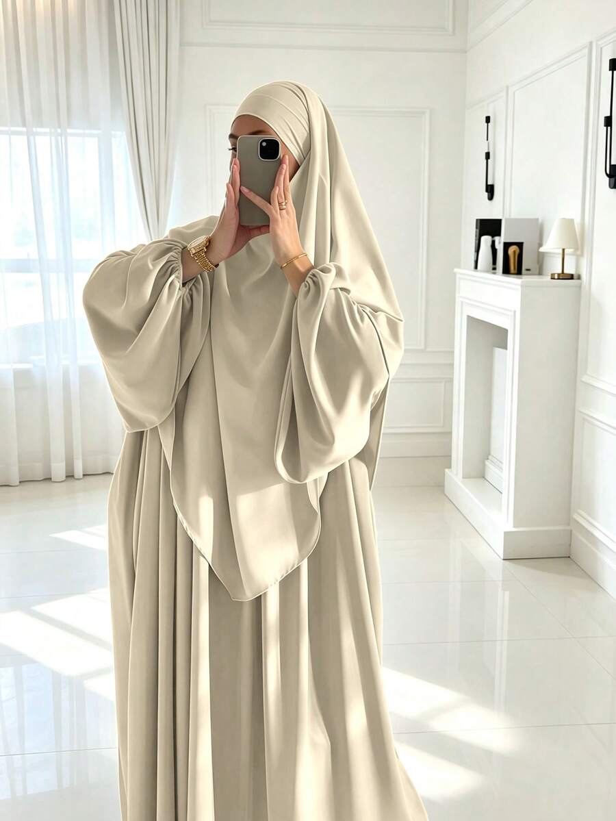 2pcs/Set Khimar+Abaya) Soft Muslim Prayer Outfit, Long Abaya With Matching Hijab, Casual Outing Essential Fashion Item (Hijab+Dress) - Multicolor - View 1