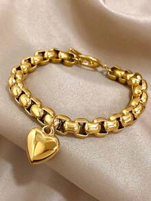 High Color Retention Stainless Steel Heart Pendant Thick Bracelet, Niche Luxury Commuter Versatile Minimalist Heart Box Chain, Premium Couple Jewelry, Thoughtful Holiday Gift - Gold - View 1
