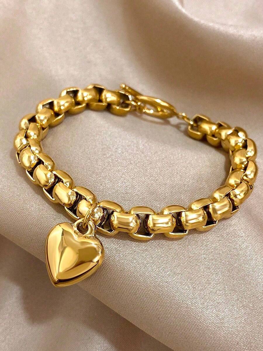 High Color Retention Stainless Steel Heart Pendant Thick Bracelet, Niche Luxury Commuter Versatile Minimalist Heart Box Chain, Premium Couple Jewelry, Thoughtful Holiday Gift - Gold - View 1