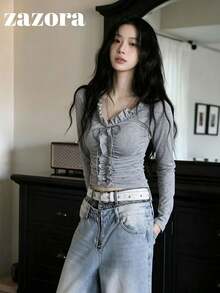 Korean Style Niche Exquisite 3D Ruffle Trim Long Sleeve T-Shirt Women's Inner Layer Top - Grey - View 3