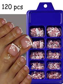 24 Stück französische Farbverlauf Nude-Rosa Schmetterlingsmuster quadratische Press-On Zehennägel, Press-On Pediküre, wiederverwendbare DIY Zehennagelspitzen für Frauen, Sommer Fußnagelkunst Dekoration, Nagelbedarf für Zuhause und Salon - Verschiedenfarbig - Übersicht 2