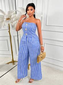 AIJ Amarilo Autumn Plus Size Casual Women's Blue Striped Bandeau Front Button Top And Wide Leg Pants 2 Pieces Set, Suitable For Party, Daily, Commute, Holiday Wear - Light Blue - View 5