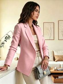 Women's Elegant Fashionable Commuter Pink Regular Fit Lapel Long Sleeve Open Front Knit Blazer Jacket, Decorated With Button Details - Pink - View 3
