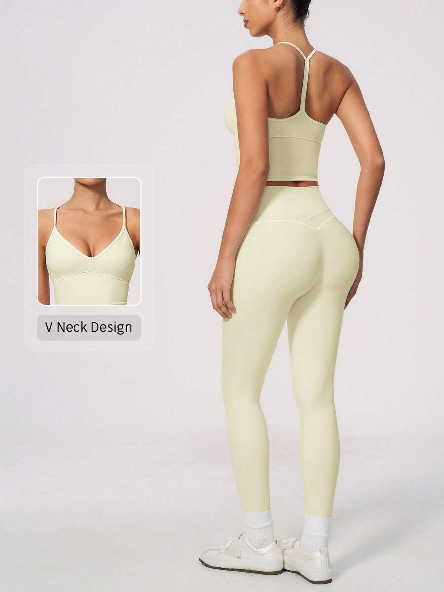 NcmRyu Women's One Set Contrast Color White Line Deep V-Neck Y-Back Tank Top & Tight Butt-Lifting Leggings Sports Set - Apricot - View 1