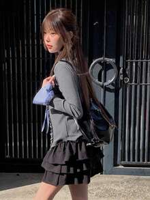 條紋拼接荷葉邊飾 2 合 1 上衣 - 灰色 - 查看 6
