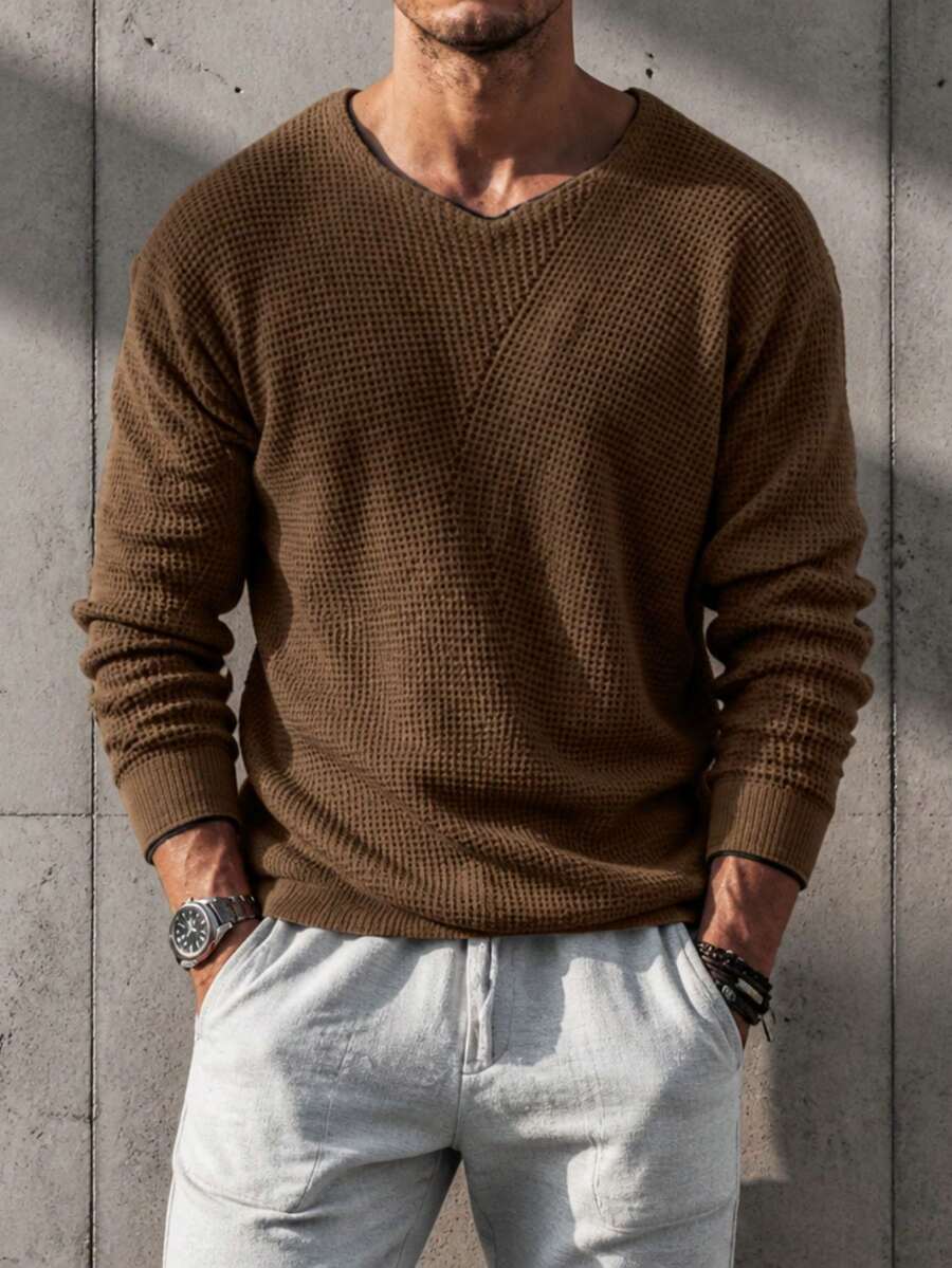 Men Solid Waffle Knit Sweater V Neck Long Sleeve Loose Fit Casual Pullover Top - Brown - View 1
