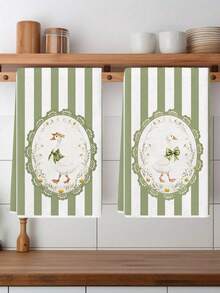 2 buah Handuk Dapur, Kain Pembersih Motif Bebek Bergaris Hijau, Handuk Tangan Poliester, Kain Lap Piring Tenun Super Lembut, Dapat Dicuci dengan Mesin, Ideal untuk Hadiah Liburan & Dekorasi Rumah. - MultiWarna - View 1
