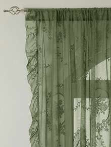 1pc Vintage Floral Lace Sheer Curtain, Retro Style Lightweight Long Pleated Ruffle Soft Light Gauze Curtain, Suitable For Home Decor All Seasons - Green - View 6