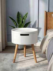 Lightweight Compact White Round Storage Nightstand, Flip Top Hidden Storage Bedside End Table With Stable Natural Wood Tripod Legs, Space Saving Small Accent Table For Guest Room Dorm Narrow Bedroom Daily Storage Use - White - View 3