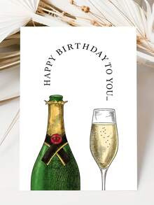 1pc Retro Hand-Painted Champagne Bottle Birthday Card With Red Envelope, Easy Premium Toast Happy Birthday Greeting Card, Adult Men Women Party Celebration Gift Sentiment Card - Multicolor - View 6