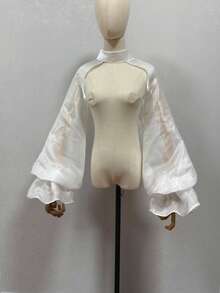 1pc White Organza Exaggerated Bridal Shawl With Sleeve Decor, Wedding Dress Accessory - Multicolor - View 11