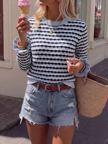 Women's Fashion Striped Pullover Sweater, Long Sleeve Round Neck Knit Top, Suitable For Autumn Wear - Multicolor - View 2