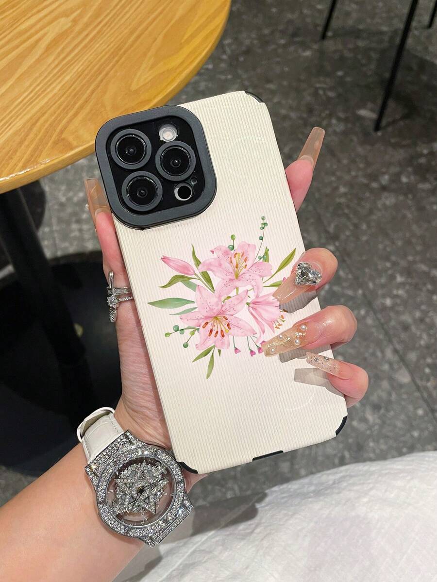1 buah Casing Ponsel Anti Jatuh Kulit Garis Vertikal Motif Bunga Lili Merah Muda Minimalis Kreatif Modis Cocok untuk Samsung/Apple 17/16/15/14/13/12/11Pro Max/12Pro/14Plus dan Model Ponsel Lainnya - MultiWarna - View 1