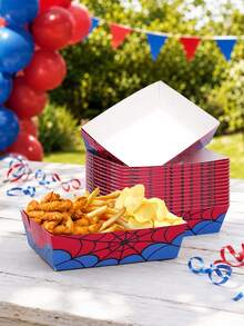 10pcs/30pcs/50pcs Halloween Spiderweb-Patterned Paper Food Trays Featuring A Red And Blue Design; Disposable Containers Suitable For Holding Snacks, Cookies, And Candy Perfect For Halloween, Day Of The Dead, And Birthday Party Decor. - Multicolor - View 5