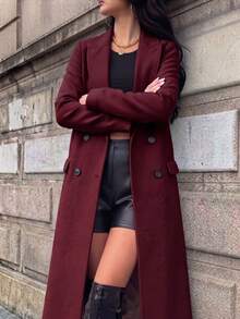 Women's Overcoat Solid Color Long Sleeve Double-Breasted Jacket - Red - View 4