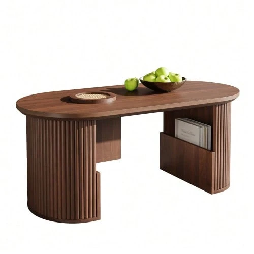 Modern Retro-Style Coffee Table, Walnut Coffee Table With Vertical Texture, Dimensions: 105 Cm (Length) X 50 Cm (Width) X 46.5 Cm (Height). - 棕色 - 查看 1