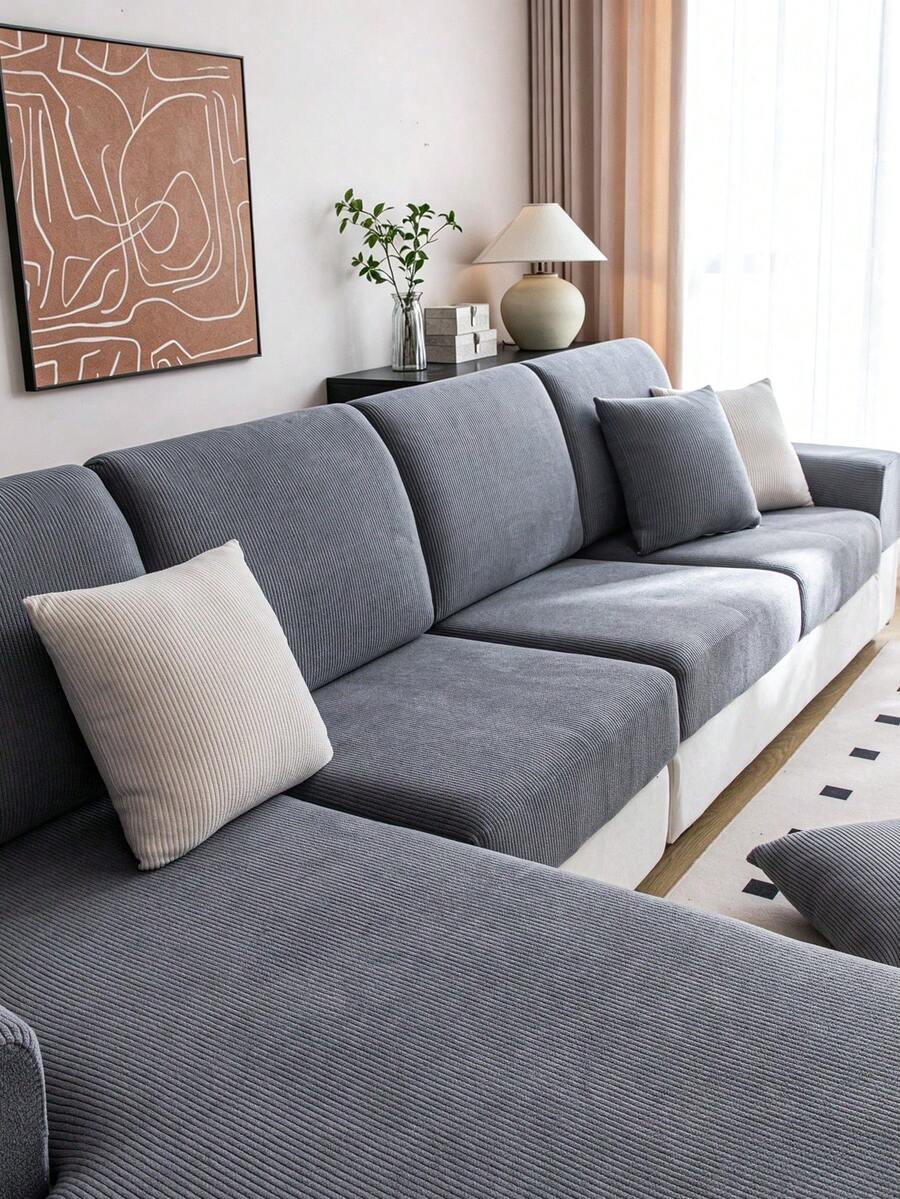 1pc Jacquard All-Season Elastic Sofa Seat Cover, Minimalist Modern Style Non-Slip Sofa Slipcover, Living Room Sofa Protector Suitable For L-Shaped Sofa And 1234-Seater Sofa - Dark Grey - View 1