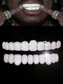 THATBOY 2pcs CZ Grillz Teeth Covers Set, 10 Teeth Coverage, Hip Hop Rapper Cosplay Shiny Punk Teeth Caps, Instant Smile Upgrade, Unisex - Multicolor - View 4