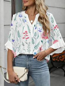 Women's Plus Size Floral Print Top, Ruffle Layered Short Sleeve, Round Neck Blouse, Bohemian Style Vacation Summer - Baby Pink - View 2