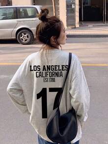 Women's Fashion Autumn Minimalist Loose Versatile Letter Print Long Sleeve T-Shirt Casual - Light Gray - View 5