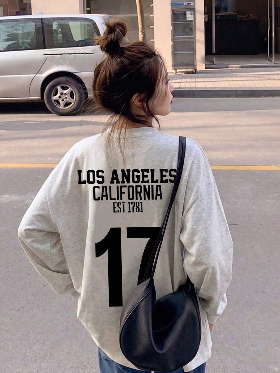 Women's Fashion Autumn Minimalist Loose Versatile Letter Print Long Sleeve T-Shirt Casual - Light Gray - View 1
