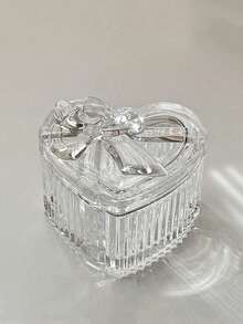 1pc Bowknot Heart-Shaped Glass Jewelry Box, Transparent Jewelry Jar With Bowknot Embossed Decoration, Home Glass Storage Box Decorative Ornament - Transparent - View 12