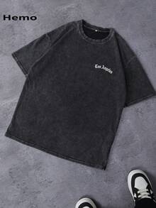 Hemo Men's Round Neck Short Sleeve Simple Commuter Top, Casual Daily Washed Vintage Print T-Shirt - Black - View 3