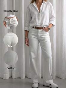 Vintage Old Money Style High-Waisted Straight Leg Loose Wide Leg Denim Jeans, Versatile Long Cotton Pants White Casual Fall - White - View 10