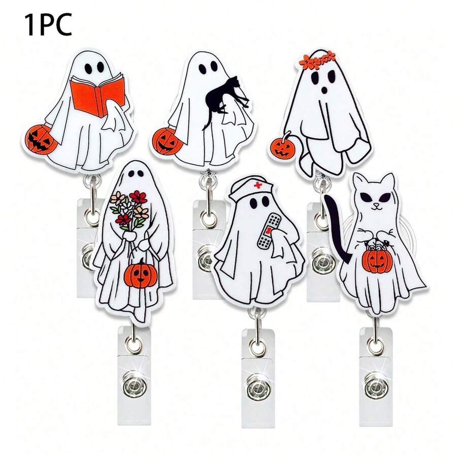 1pc Halloween Ghost Retractable Rotating Badge Reel Gift ID Holder - Multicolor - View 1