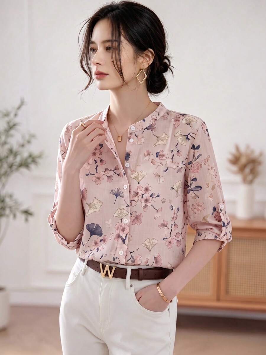 YUXIN 女款粉色水彩花卉印花立領七分袖上衣，透氣混紡布料捲袖口修身版型，適合春夏辦公與度假