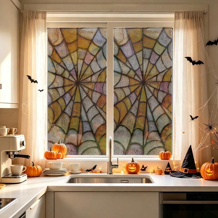 1 pieza Calcomanía de ventana con tema gótico de Halloween con cuervo, murciélago y telaraña, película de ventana de PVC estática reutilizable, adecuada para cocina, balcón, casa embrujada y decoración de fiesta en el hogar