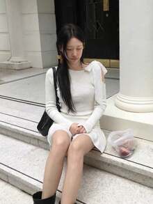 YCYC Autumn/Winter Fashion Elegant Open Shoulder Solid Color Long Sleeve Pullover Top - White - View 3